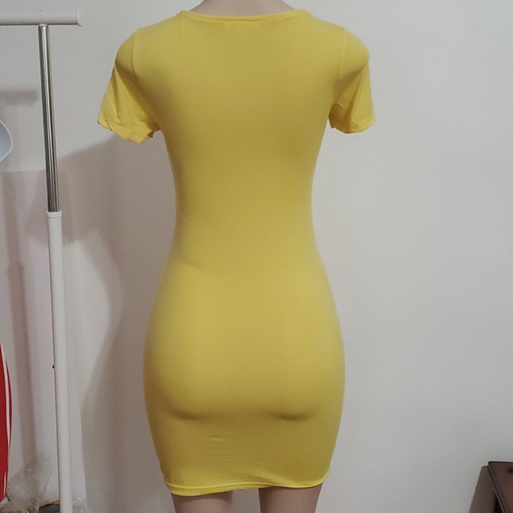 Yellow V-neck Bodycon Dress - Picture 3 of 5